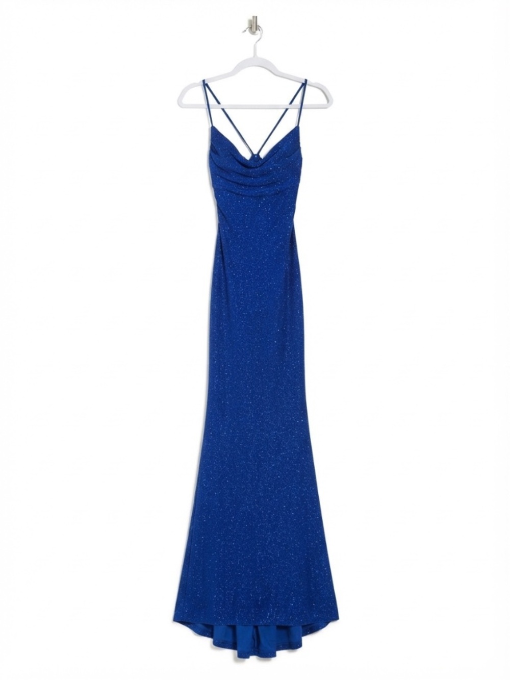 Windsor Royal Blue Glitter Cowl Neck Lace-Up Back Long Dress (XS/0)